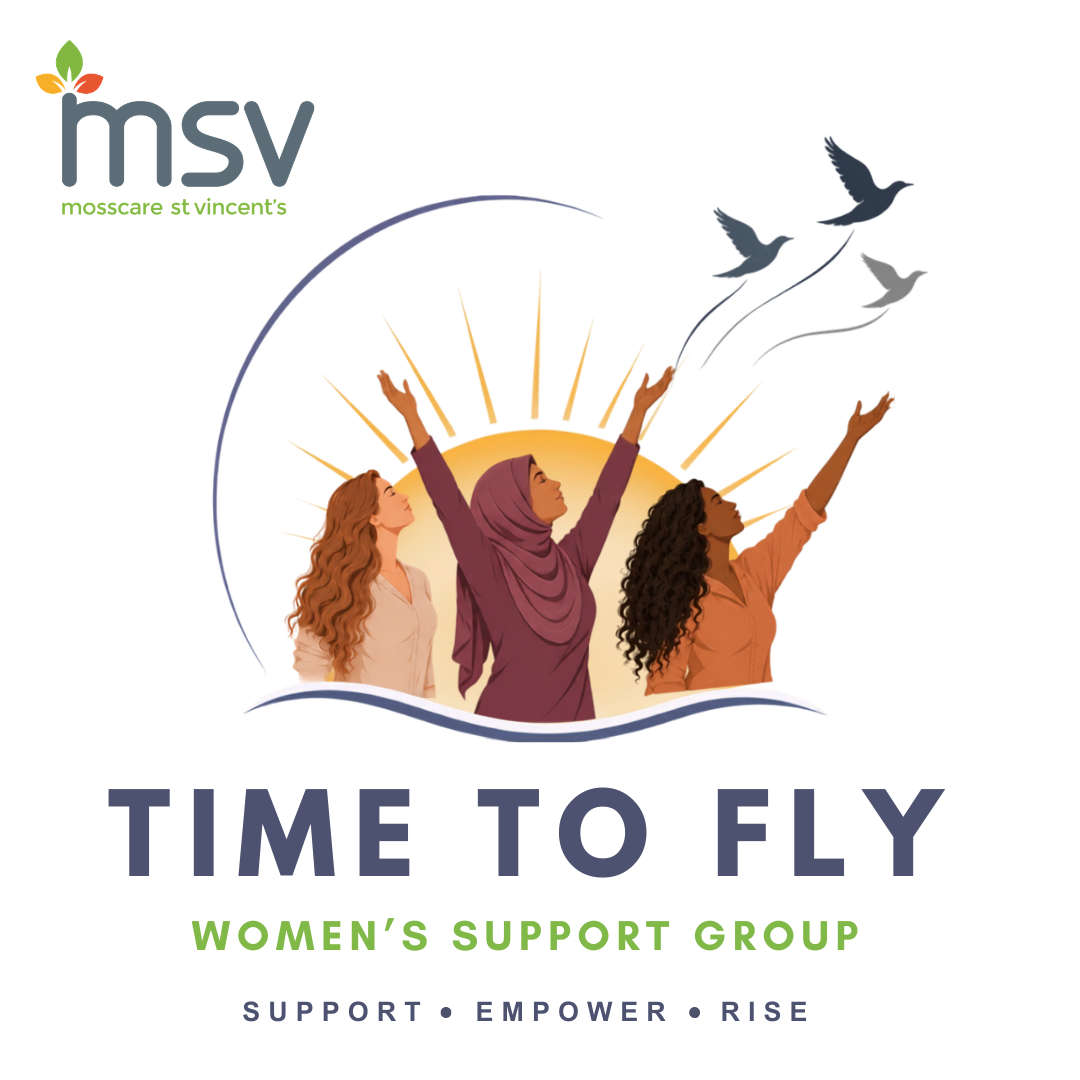 Three women with arms in the air and birds flying away - text reads Time To Fly, Women's Support Group - Support, Empower, Rise