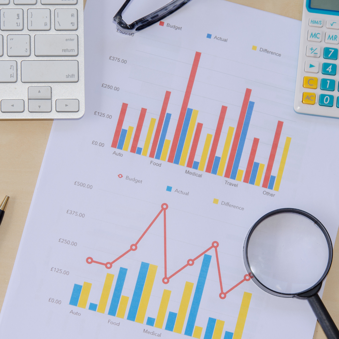 Magnifying glass next to picture of graphs