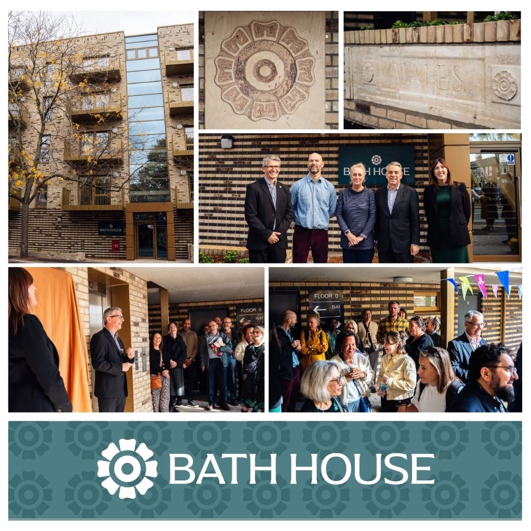 Collage of images from the opening at Bath House - residents and partners chatting