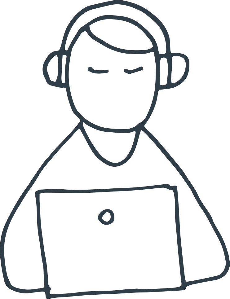 Graphic of a person on a laptop with headset