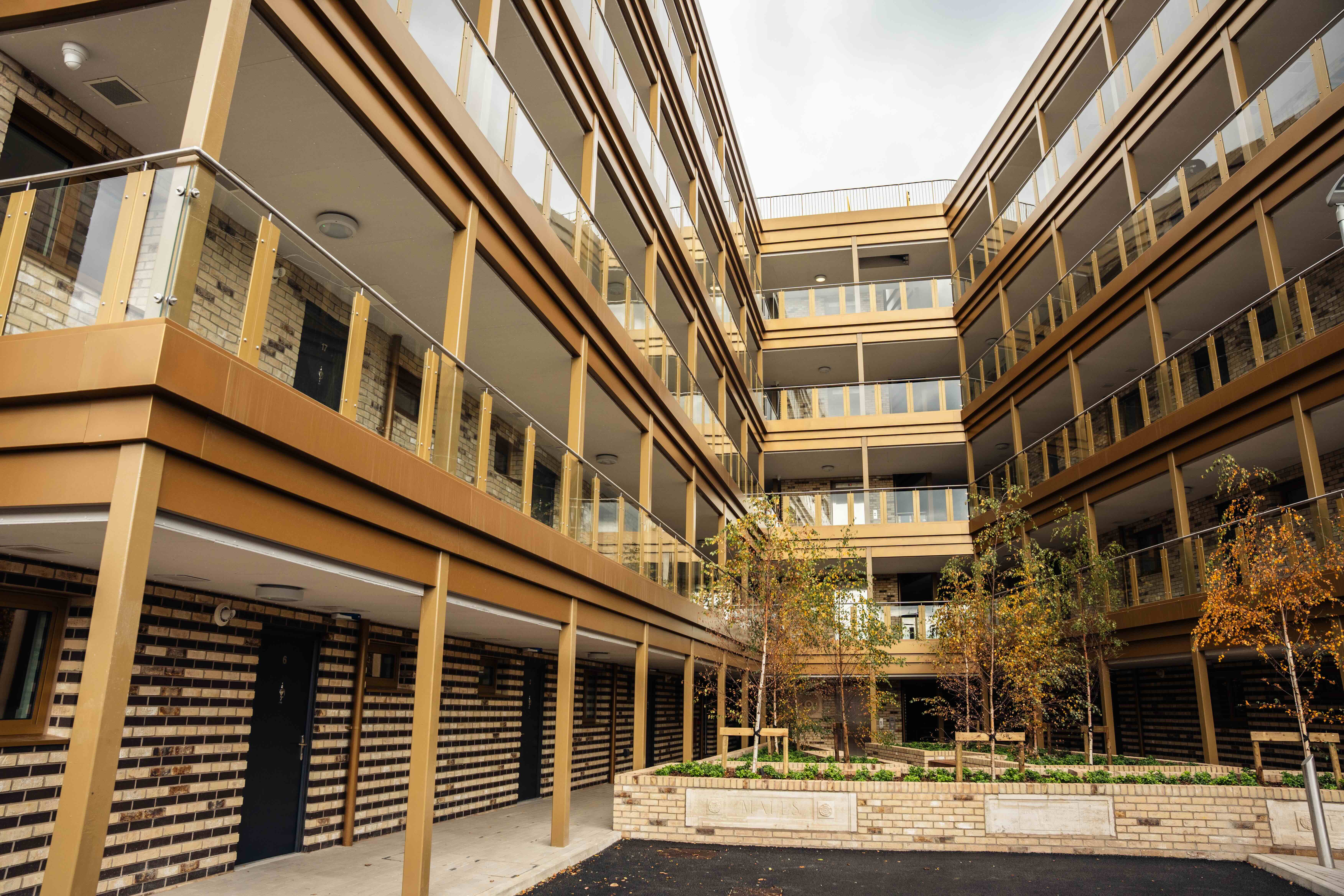 Courtyard of the scheme with glass walkways across 4 floors and trees growing in the centre